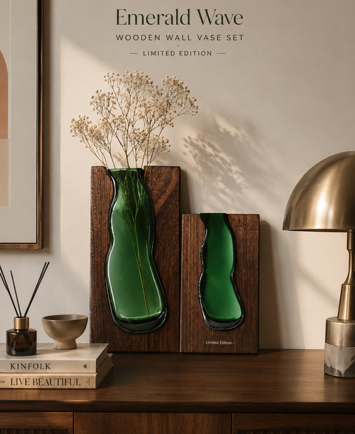 Emerald Wave Wooden Wall Vase Set