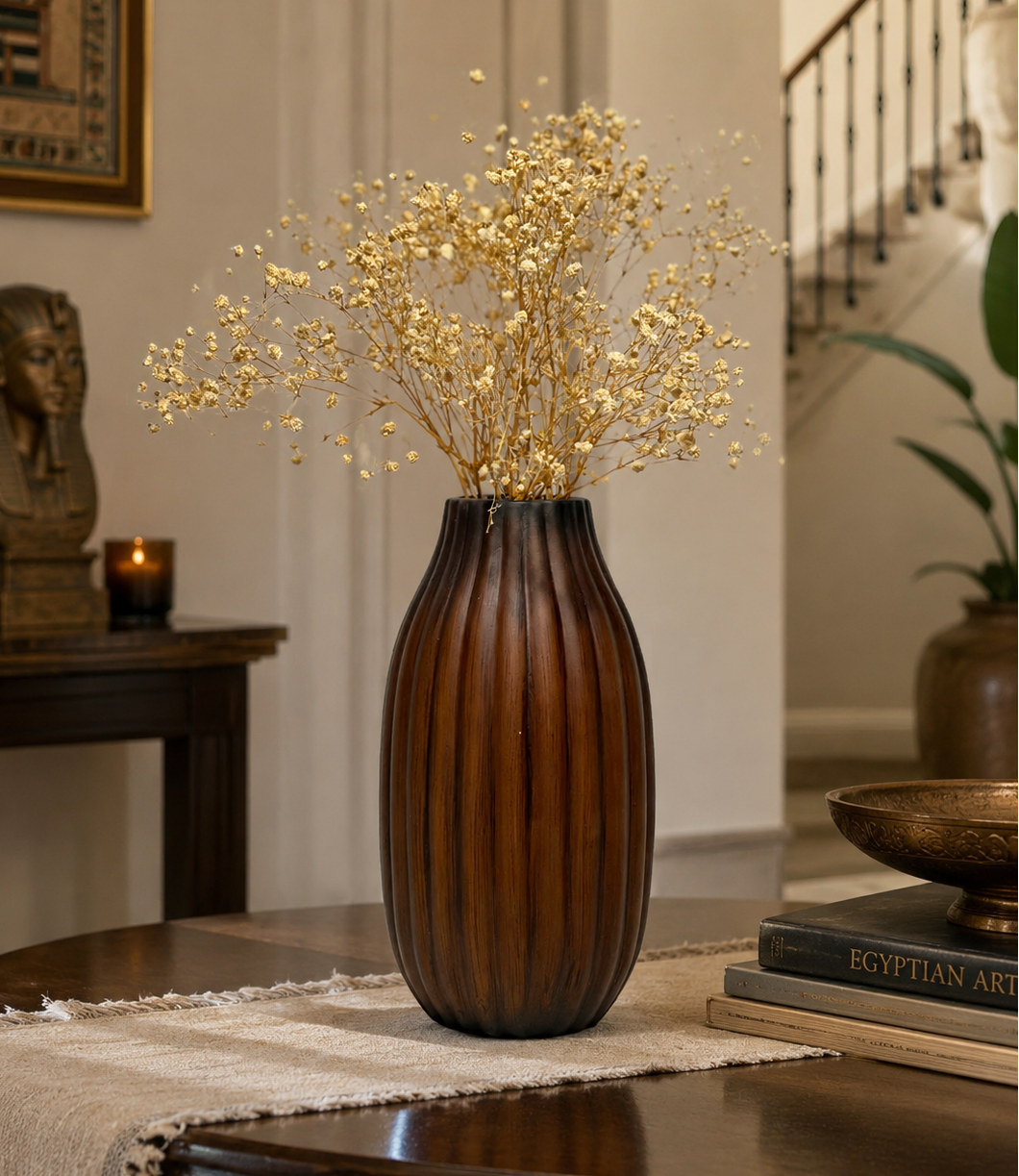 Elegant Wooden Decorative Vase with Dried Flowers